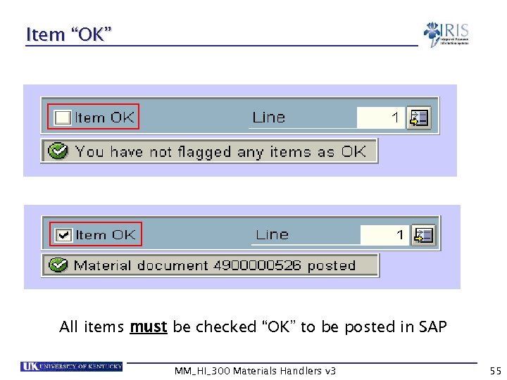 Item “OK” All items must be checked “OK” to be posted in SAP MM_HI_300