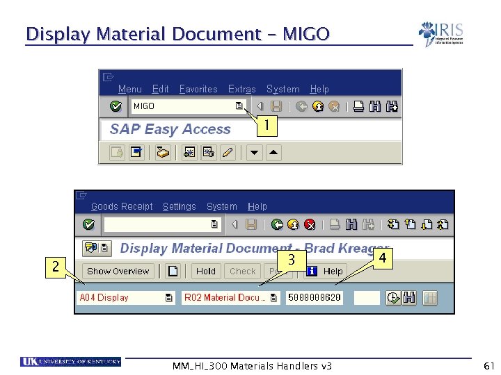 Display Material Document – MIGO 1 2 3 MM_HI_300 Materials Handlers v 3 4