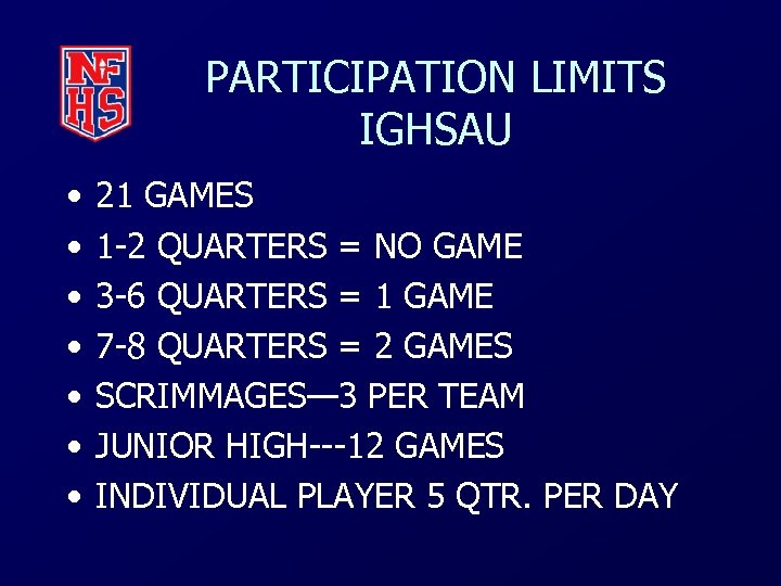 PARTICIPATION LIMITS IGHSAU • • 21 GAMES 1 -2 QUARTERS = NO GAME 3