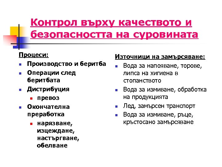 Контрол върху качеството и безопасността на суровината Процеси: n Производство и беритба n Операции