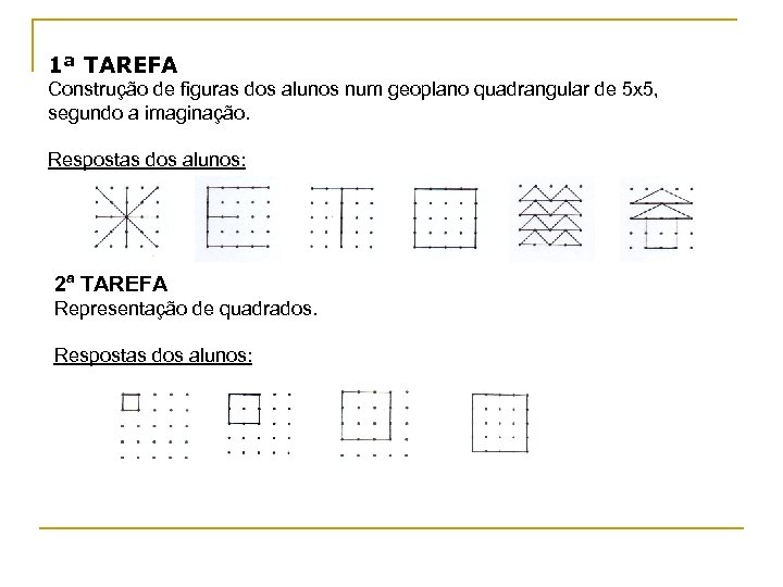 1ª TAREFA Construção de figuras dos alunos num geoplano quadrangular de 5 x 5,