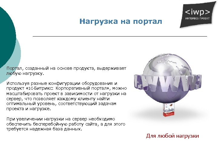 Нагрузка на портал Портал, созданный на основе продукта, выдерживает любую нагрузку. Используя разные конфигурации