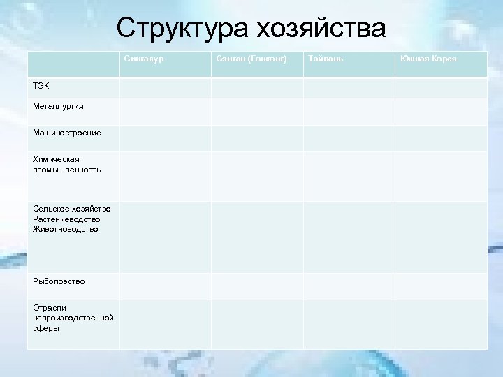 Структура хозяйства Сингапур ТЭК Металлургия Машиностроение Химическая промышленность Сельское хозяйство Растениеводство Животноводство Рыболовство Отрасли