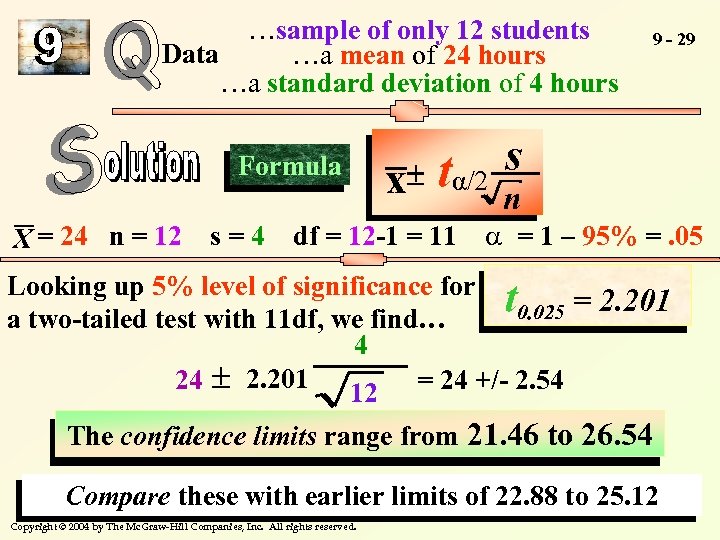 …sample of only 12 students Data …a mean of 24 hours …a standard deviation