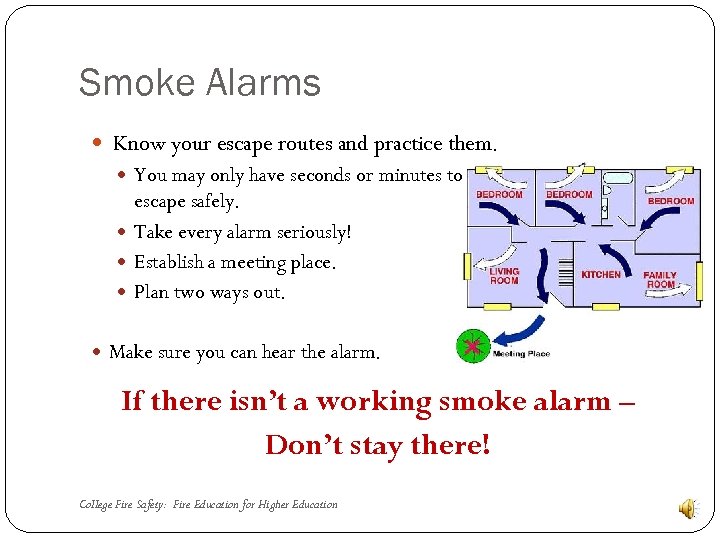 Smoke Alarms Know your escape routes and practice them. You may only have seconds