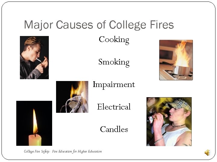 Major Causes of College Fires Cooking Smoking Impairment Electrical Candles College Fire Safety: Fire