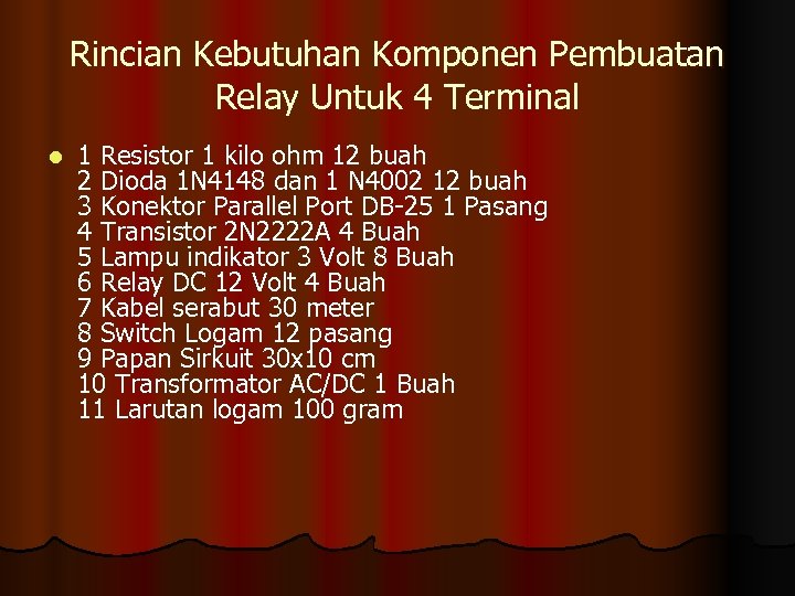 Rincian Kebutuhan Komponen Pembuatan Relay Untuk 4 Terminal l 1 Resistor 1 kilo ohm