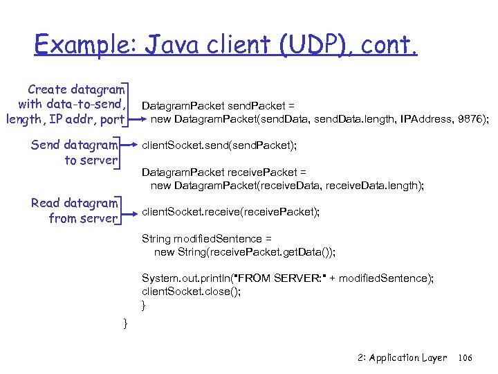 Example: Java client (UDP), cont. Create datagram with data-to-send, length, IP addr, port Send