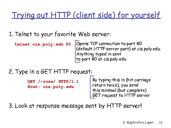 Trying out HTTP (client side) for yourself 1. Telnet to your favorite Web server: