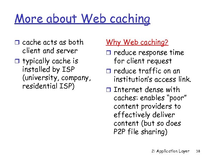 More about Web caching r cache acts as both client and server r typically