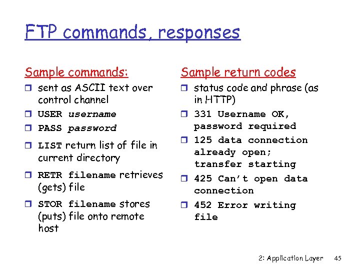 FTP commands, responses Sample commands: Sample return codes r sent as ASCII text over