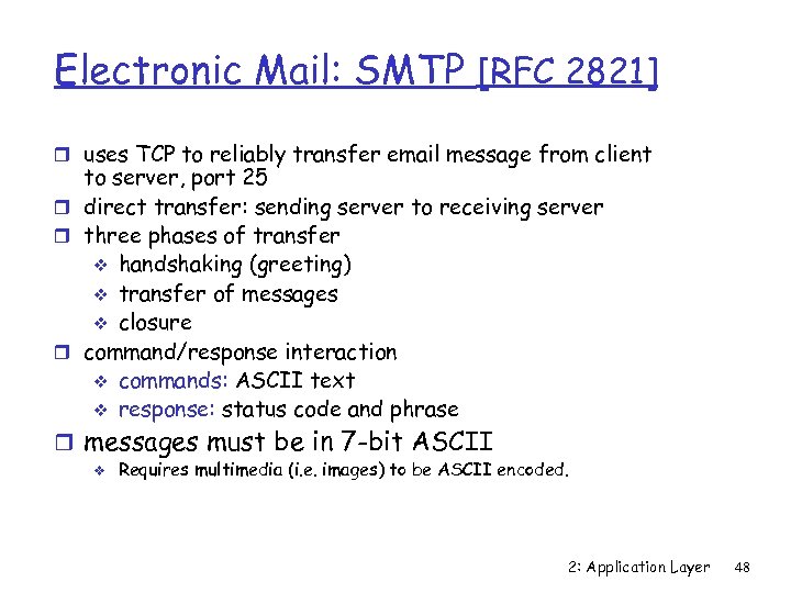 Electronic Mail: SMTP [RFC 2821] r uses TCP to reliably transfer email message from