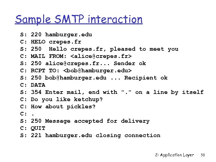 Sample SMTP interaction S: C: S: C: C: C: S: 220 hamburger. edu HELO