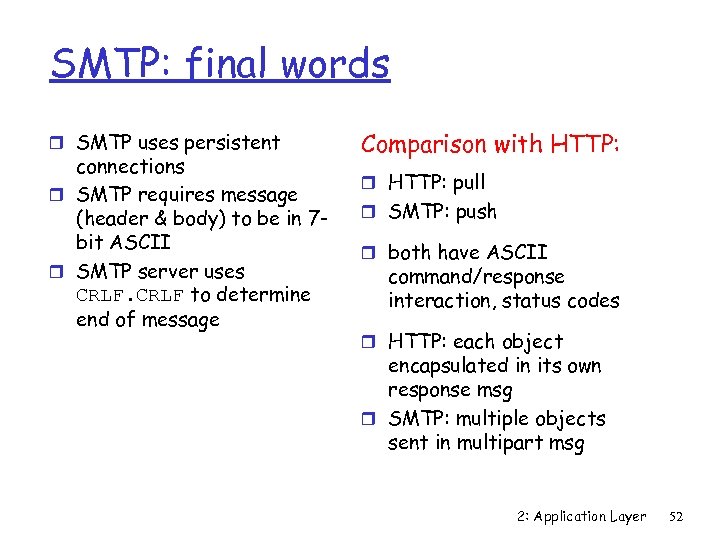 SMTP: final words r SMTP uses persistent connections r SMTP requires message (header &