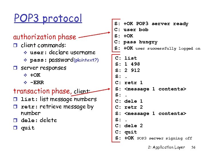 POP 3 protocol authorization phase r client commands: user: declare username v pass: password(plaintext?