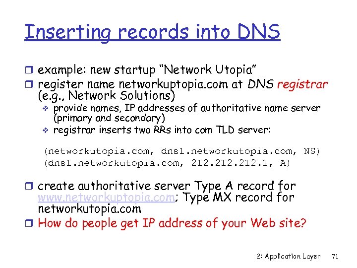 Inserting records into DNS r example: new startup “Network Utopia” r register name networkuptopia.