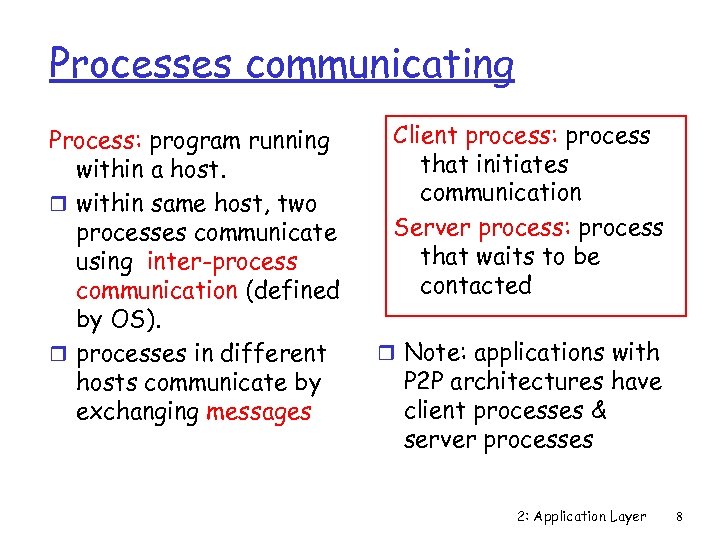 Processes communicating Process: program running within a host. r within same host, two processes