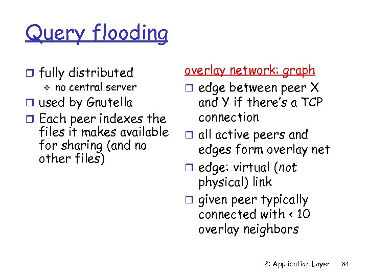 Query flooding r fully distributed v no central server r used by Gnutella r