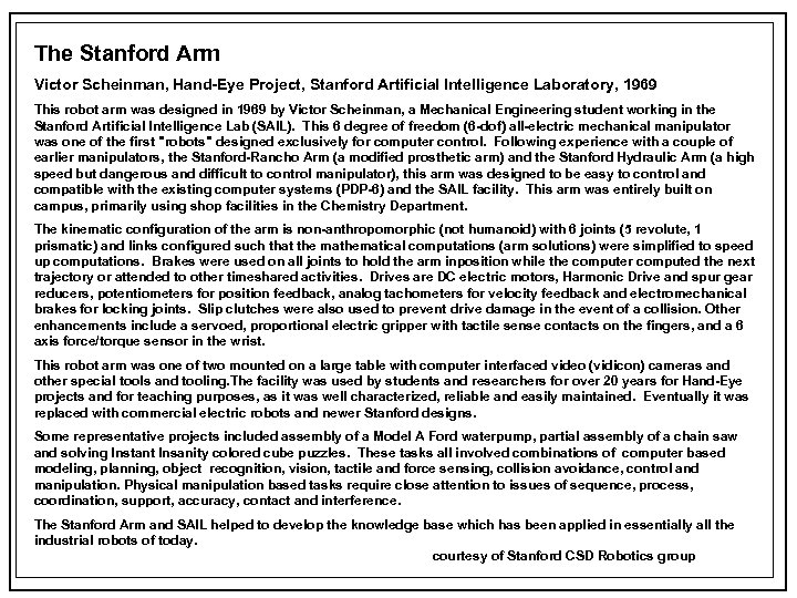 The Stanford Arm Victor Scheinman, Hand-Eye Project, Stanford Artificial Intelligence Laboratory, 1969 This robot