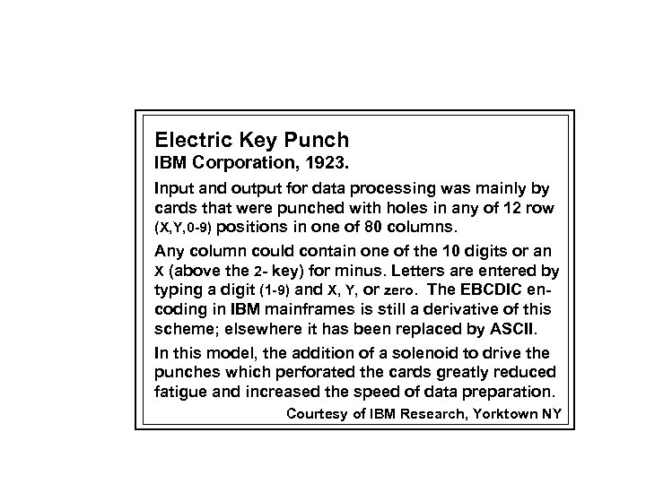 Electric Key Punch IBM Corporation, 1923. Input and output for data processing was mainly