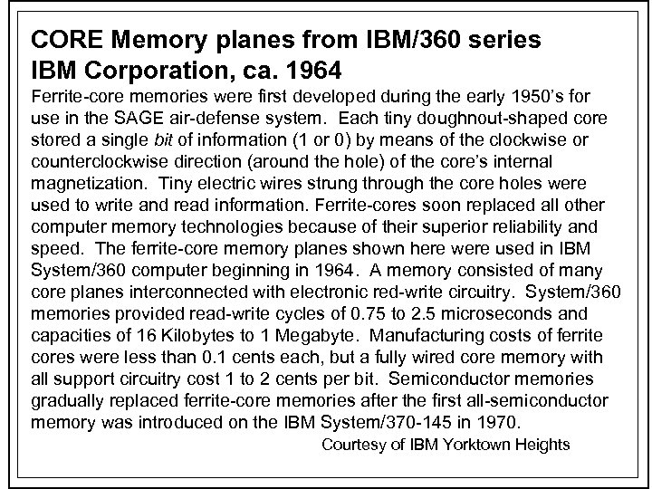 CORE Memory planes from IBM/360 series IBM Corporation, ca. 1964 Ferrite-core memories were first