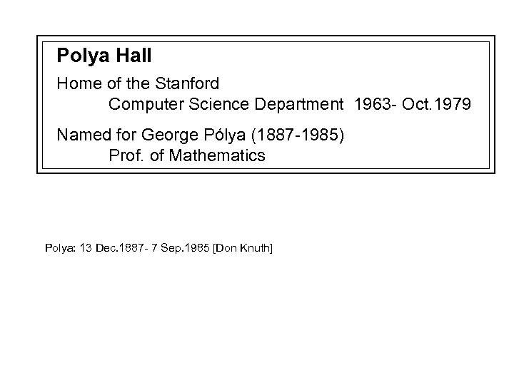 Polya Hall Home of the Stanford Computer Science Department 1963 - Oct. 1979 Named