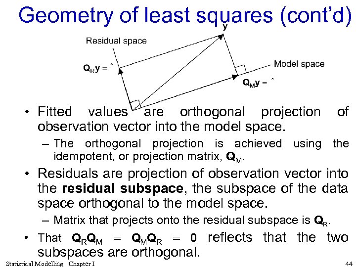 Geometry of least squares (cont’d) • Fitted values are orthogonal projection of observation vector