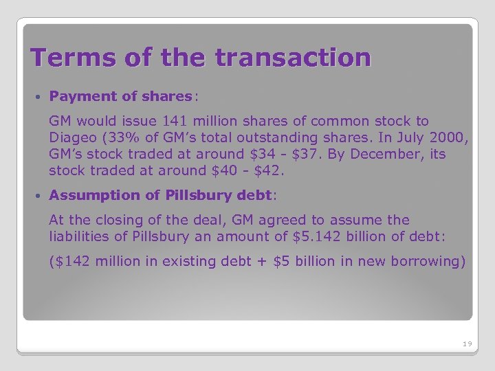 Terms of the transaction Payment of shares: GM would issue 141 million shares of