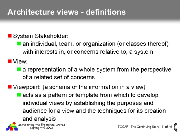 Architecture views - definitions System Stakeholder: an individual, team, or organization (or classes thereof)