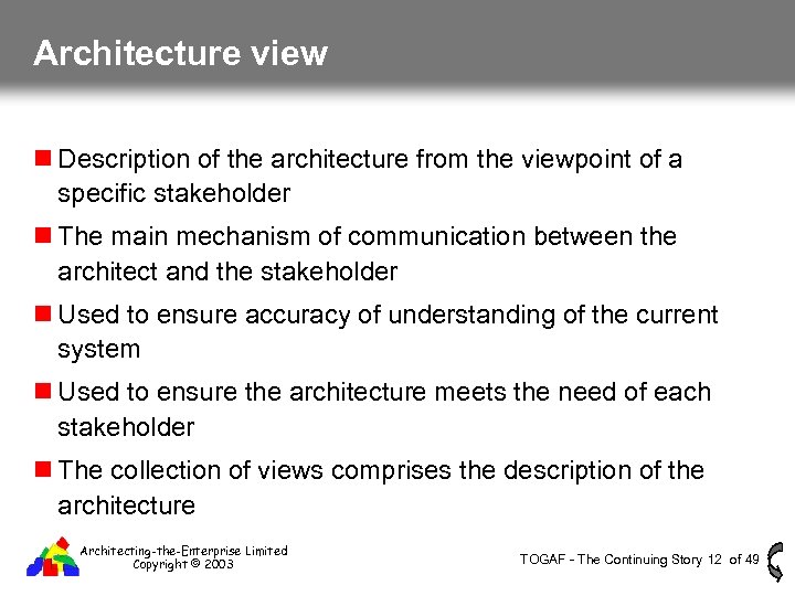 Architecture view Description of the architecture from the viewpoint of a specific stakeholder The