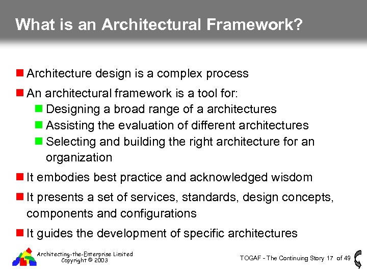 What is an Architectural Framework? Architecture design is a complex process An architectural framework