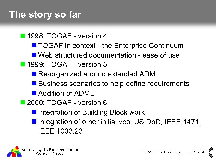 The story so far 1998: TOGAF - version 4 TOGAF in context - the