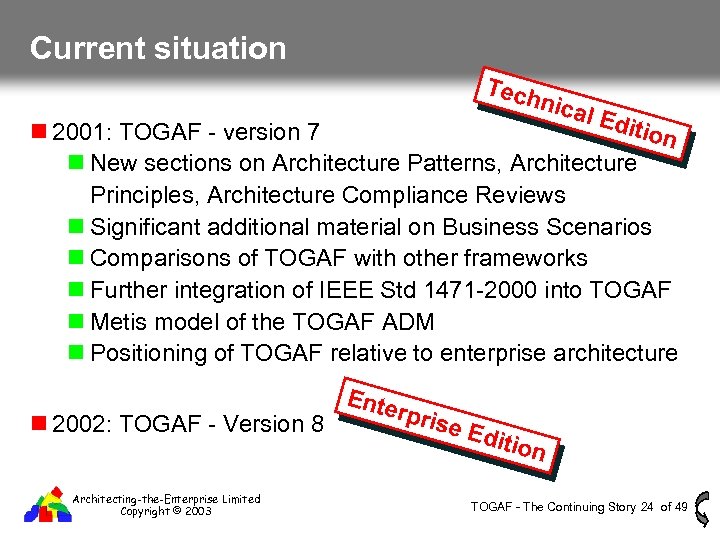 Current situation Tech nica l Ed ition 2001: TOGAF - version 7 New sections