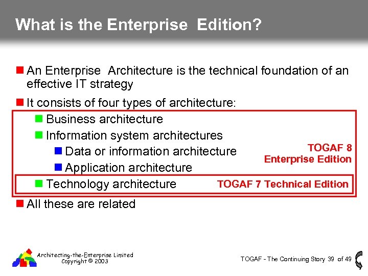 What is the Enterprise Edition? An Enterprise Architecture is the technical foundation of an