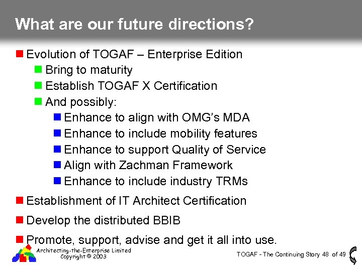 What are our future directions? Evolution of TOGAF – Enterprise Edition Bring to maturity