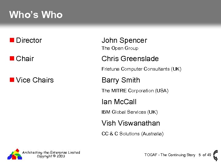 Who’s Who Director John Spencer The Open Group Chair Chris Greenslade Frietuna Computer Consultants