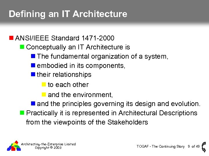 Defining an IT Architecture ANSI/IEEE Standard 1471 -2000 Conceptually an IT Architecture is The