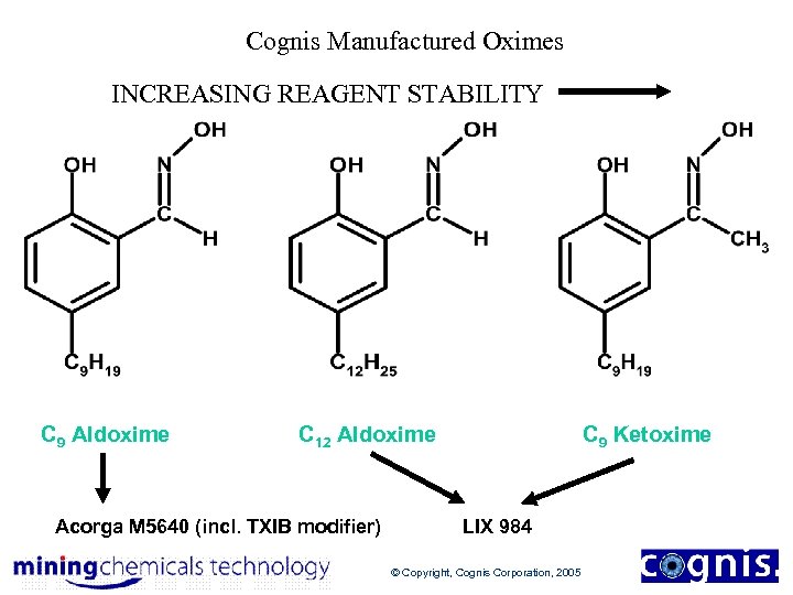 Cognis Manufactured Oximes INCREASING REAGENT STABILITY C 9 Aldoxime C 12 Aldoxime Acorga M