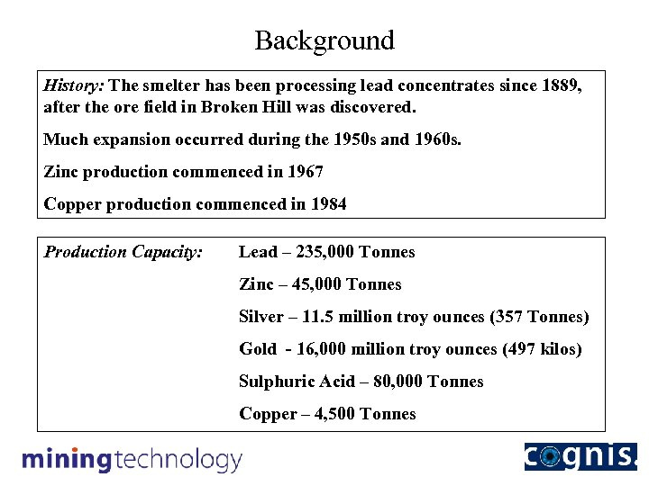 Background History: The smelter has been processing lead concentrates since 1889, after the ore