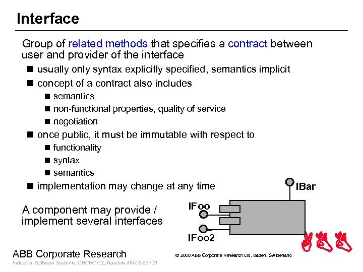 Interface Group of related methods that specifies a contract between user and provider of