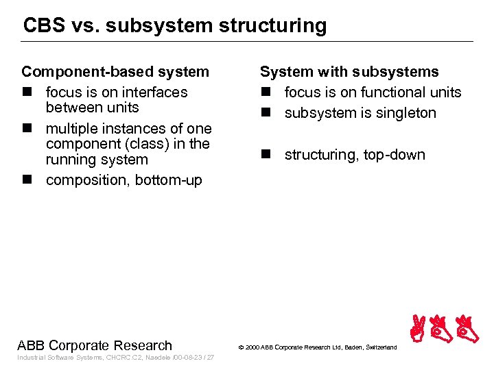 CBS vs. subsystem structuring Component-based system n focus is on interfaces between units n