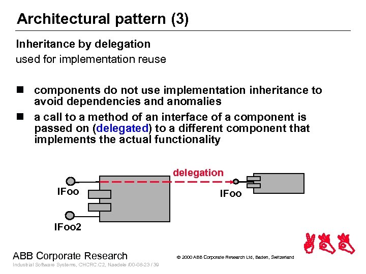 Architectural pattern (3) Inheritance by delegation used for implementation reuse n components do not