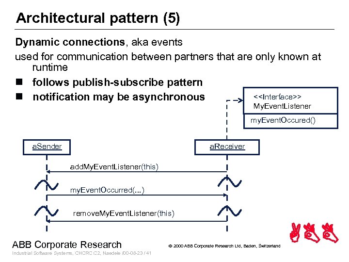 Architectural pattern (5) Dynamic connections, aka events used for communication between partners that are