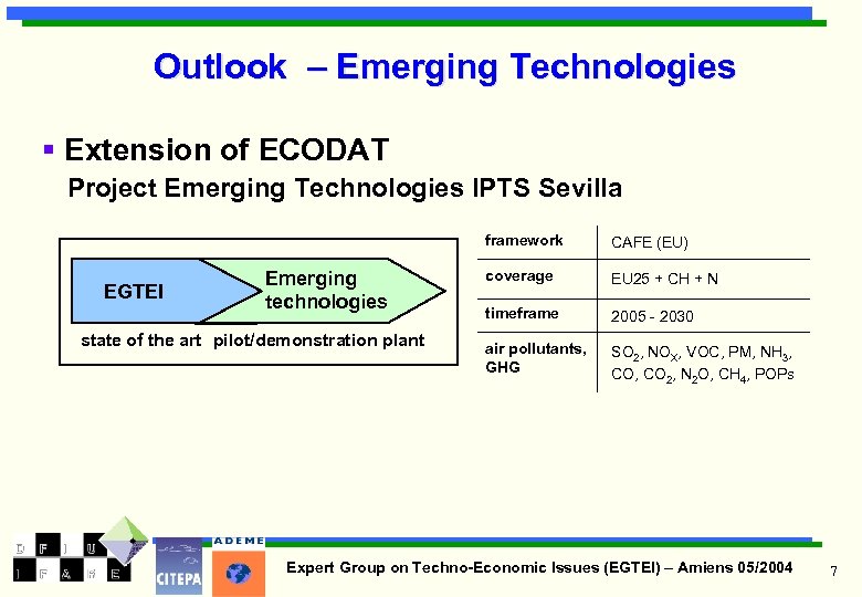 Outlook – Emerging Technologies § Extension of ECODAT Project Emerging Technologies IPTS Sevilla framework