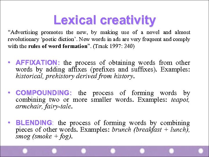 Lexical creativity “Advertising promotes the new, by making use of a novel and almost
