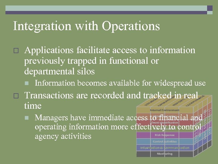 Integration with Operations o Applications facilitate access to information previously trapped in functional or