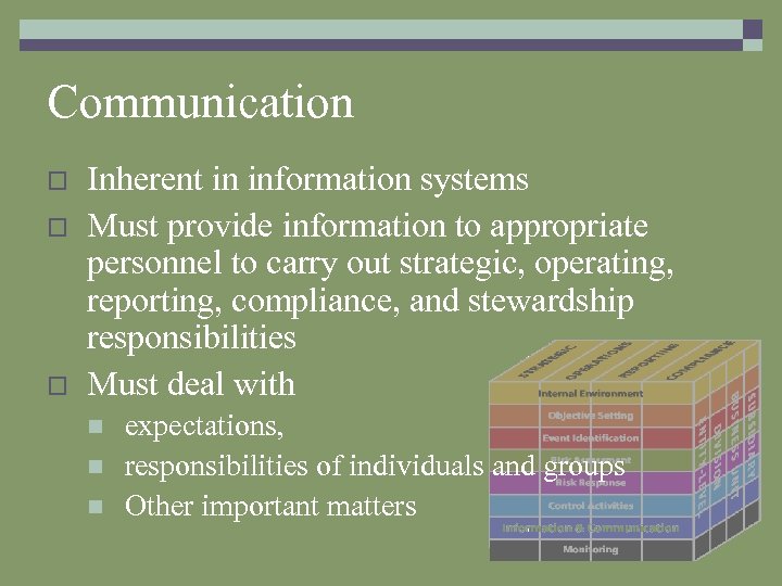 Communication o o o Inherent in information systems Must provide information to appropriate personnel