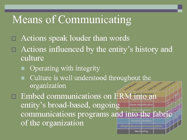 Means of Communicating o o Actions speak louder than words Actions influenced by the
