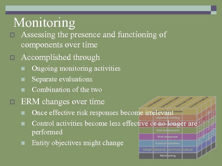 Monitoring o o Assessing the presence and functioning of components over time Accomplished through