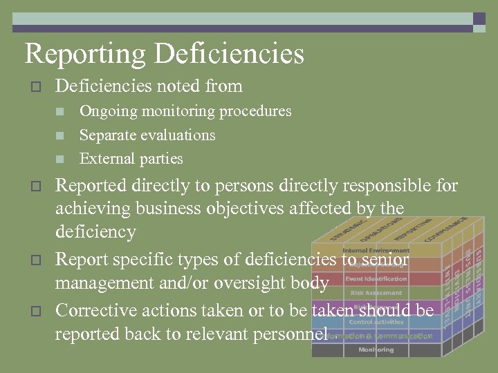 Reporting Deficiencies o Deficiencies noted from n n n o o o Ongoing monitoring